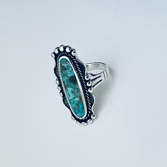 Sterling Silver Long Oval Genuine Turquoise Ring, Boho Ring, Silver Rings - Picture 6 of 12